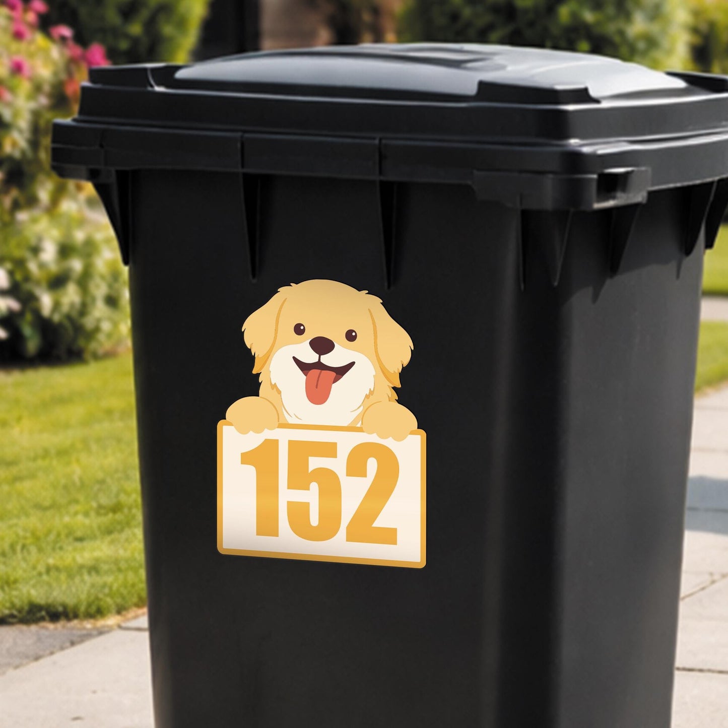 Personalised Cartoon Dog Wheelie Bin Sticker | Custom House Number Bin Decal | Cute Pet Bin Label | Outdoor Waterproof Vinyl Sticker