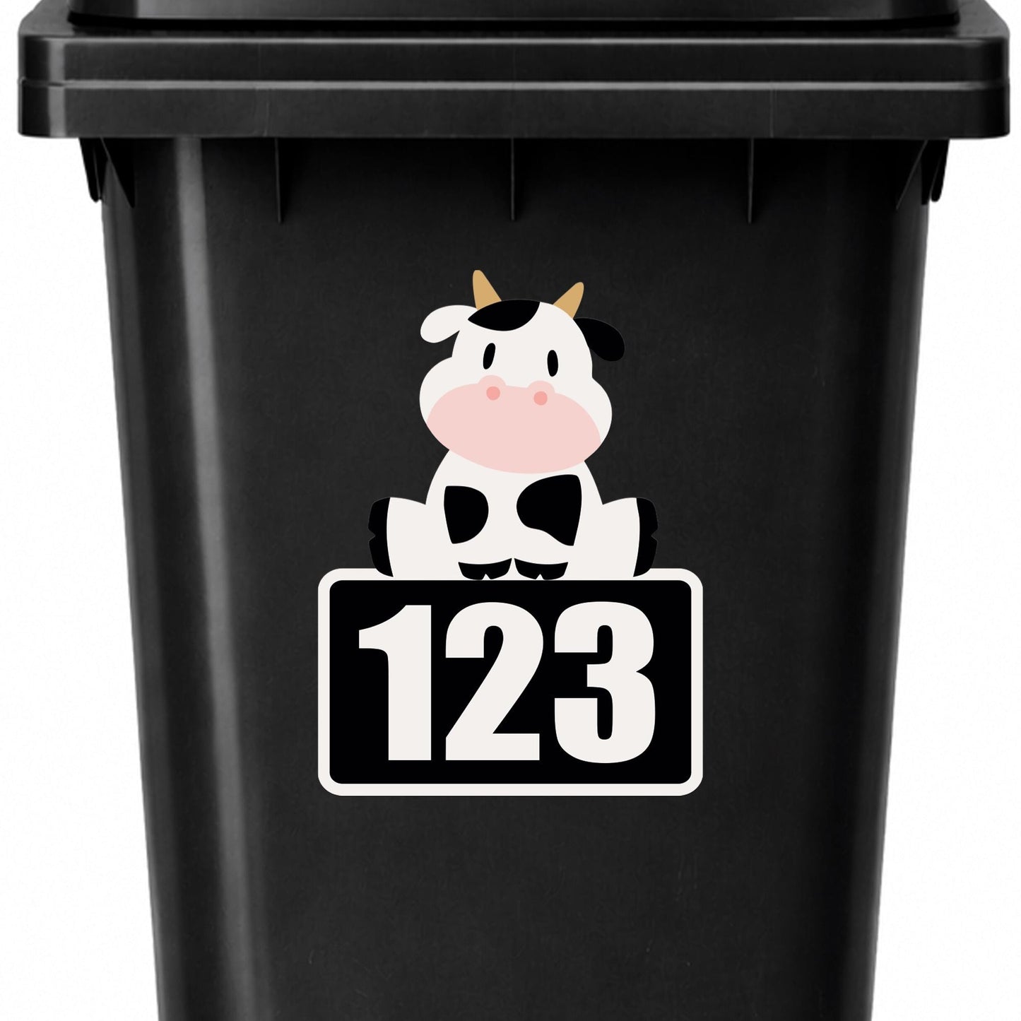 Personalised Wheelie Bin Sticker with Cute Cow | Custom House Number Bin Decal | Funny Farm Animal Bin Label | Outdoor Vinyl Bin Sticker