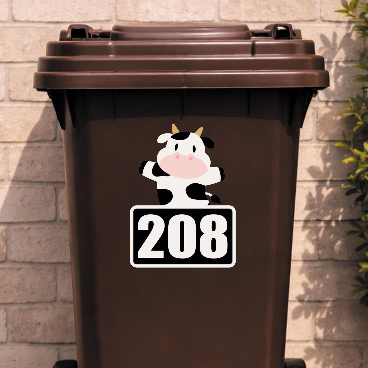 Personalised Wheelie Bin Sticker with Cute Cow | Custom House Number Bin Decal | Funny Farm Animal Bin Label | Outdoor Vinyl Bin Sticker