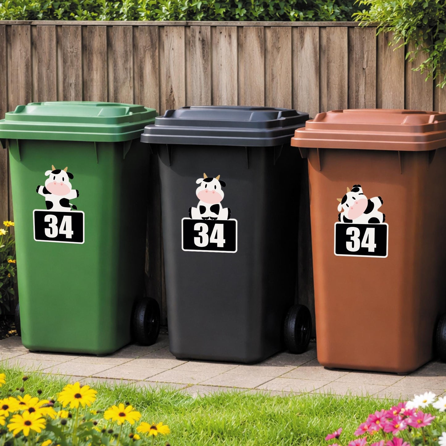 Personalised Wheelie Bin Sticker with Cute Cow | Custom House Number Bin Decal | Funny Farm Animal Bin Label | Outdoor Vinyl Bin Sticker
