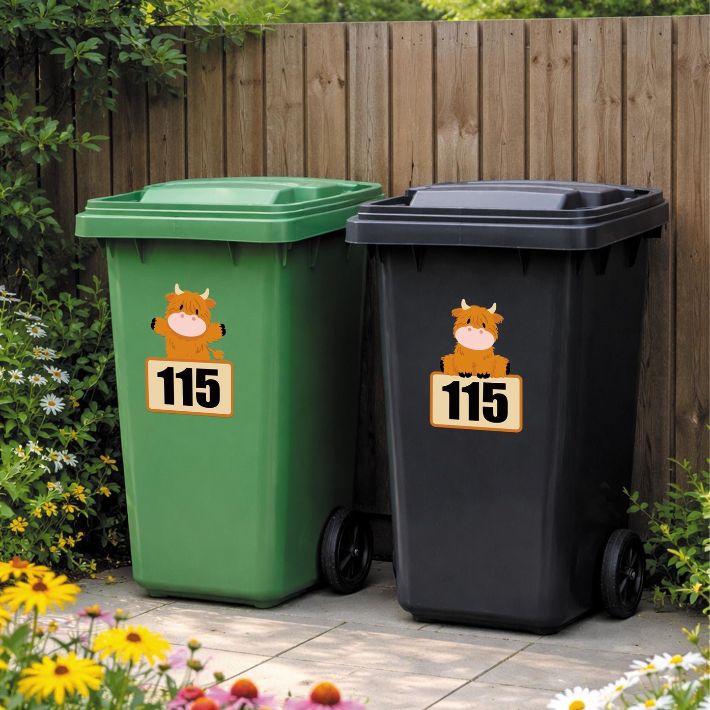 Highland Cow Wheelie Bin Sticker | Personalised House Number Bin Decal | Cute Cow Address Sticker | Outdoor Vinyl Bin Number Sticker