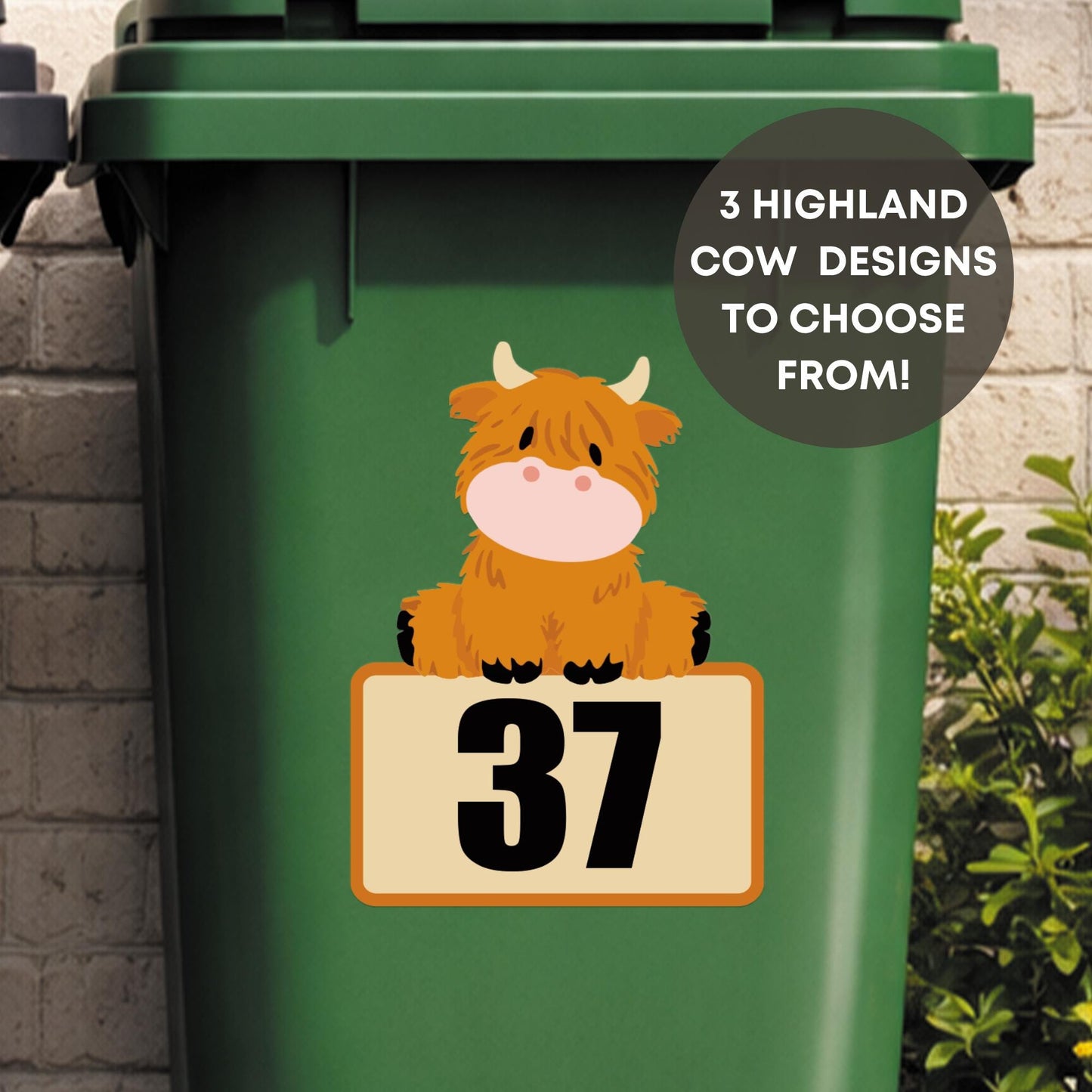 Highland Cow Wheelie Bin Sticker | Personalised House Number Bin Decal | Cute Cow Address Sticker | Outdoor Vinyl Bin Number Sticker