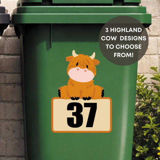 Highland Cow Wheelie Bin Sticker | Personalised House Number Bin Decal | Cute Cow Address Sticker | Outdoor Vinyl Bin Number Sticker
