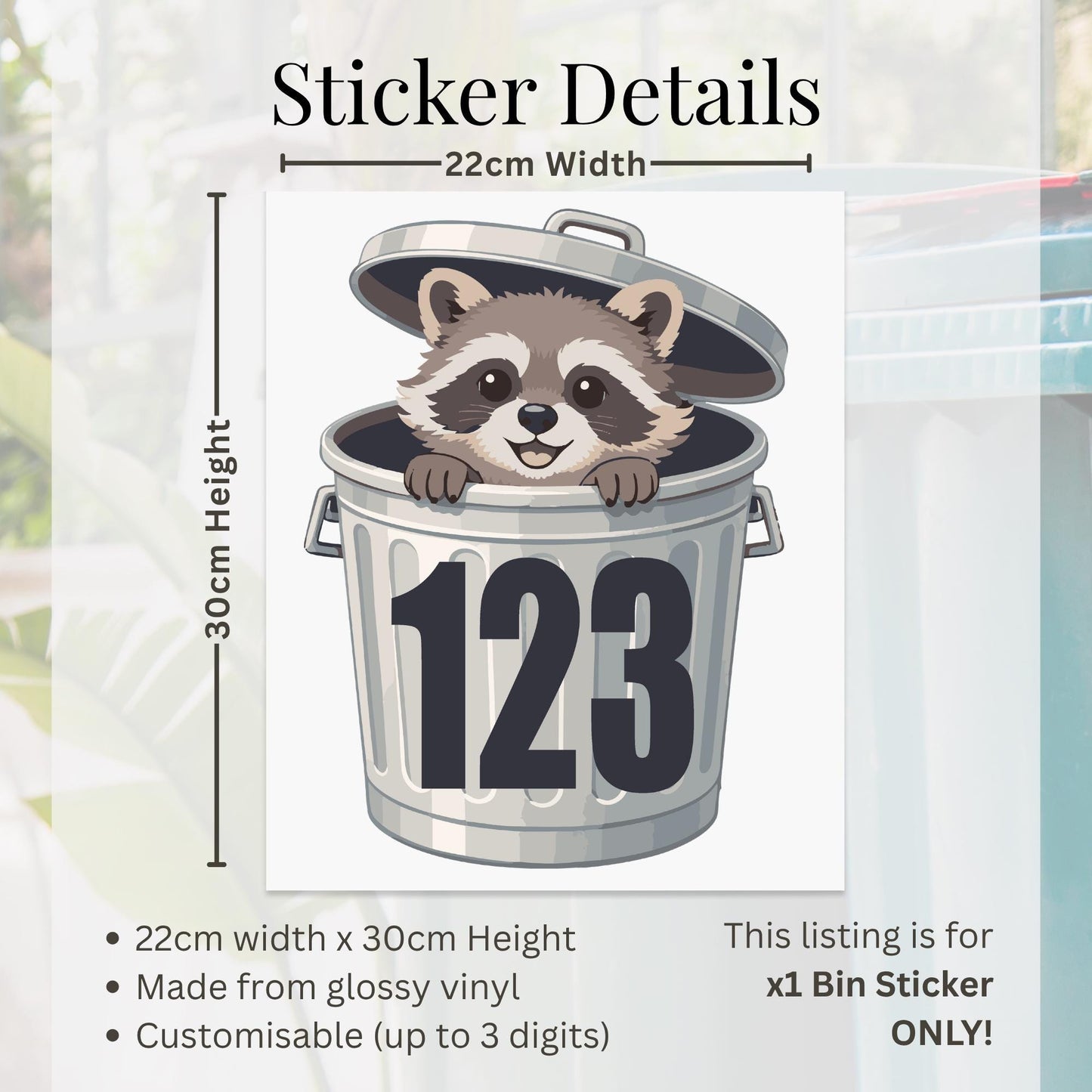 Personalised Raccoon Bin Sticker | Cute Wheelie Bin Number Decal | Funny Custom House Number Vinyl | Outdoor Waterproof Bin Label