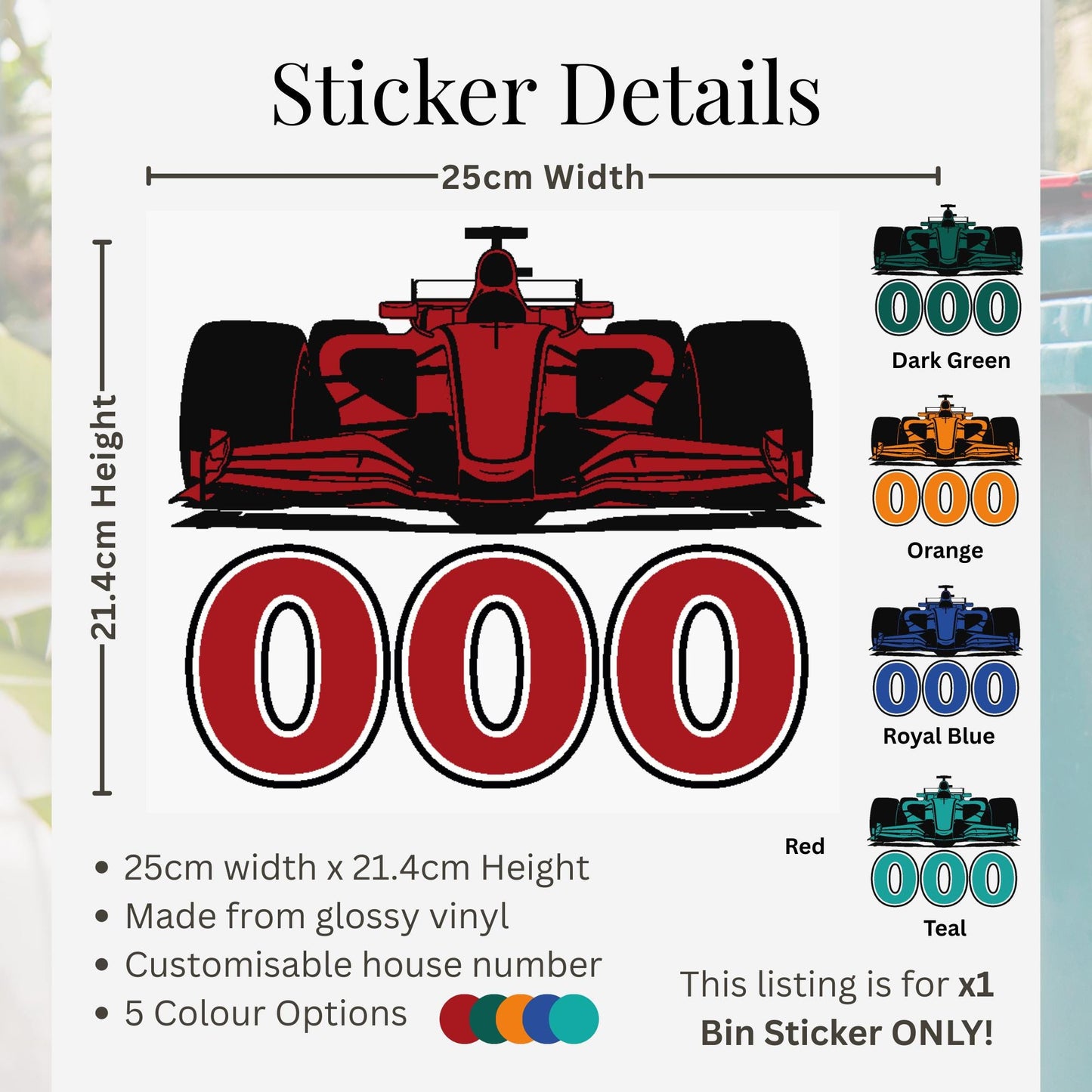 F1 Wheelie Bin Sticker with House Number | Personalised Racing Car Bin Decal | Custom Wheelie Bin Number Sticker | F1 Fan Gift