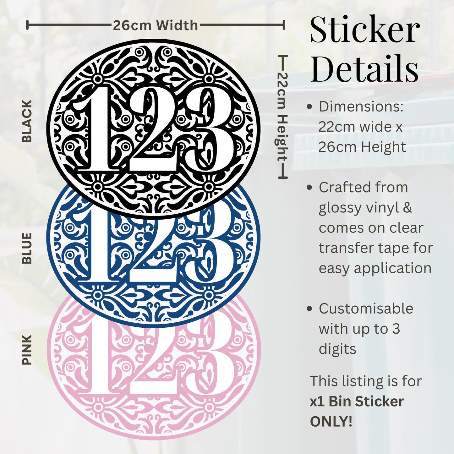 Personalised Azulejo Tile Pattern Bin Sticker | Trendy Wheelie Bin Number Decal | Custom House Number Vinyl | Outdoor Waterproof Bin Label