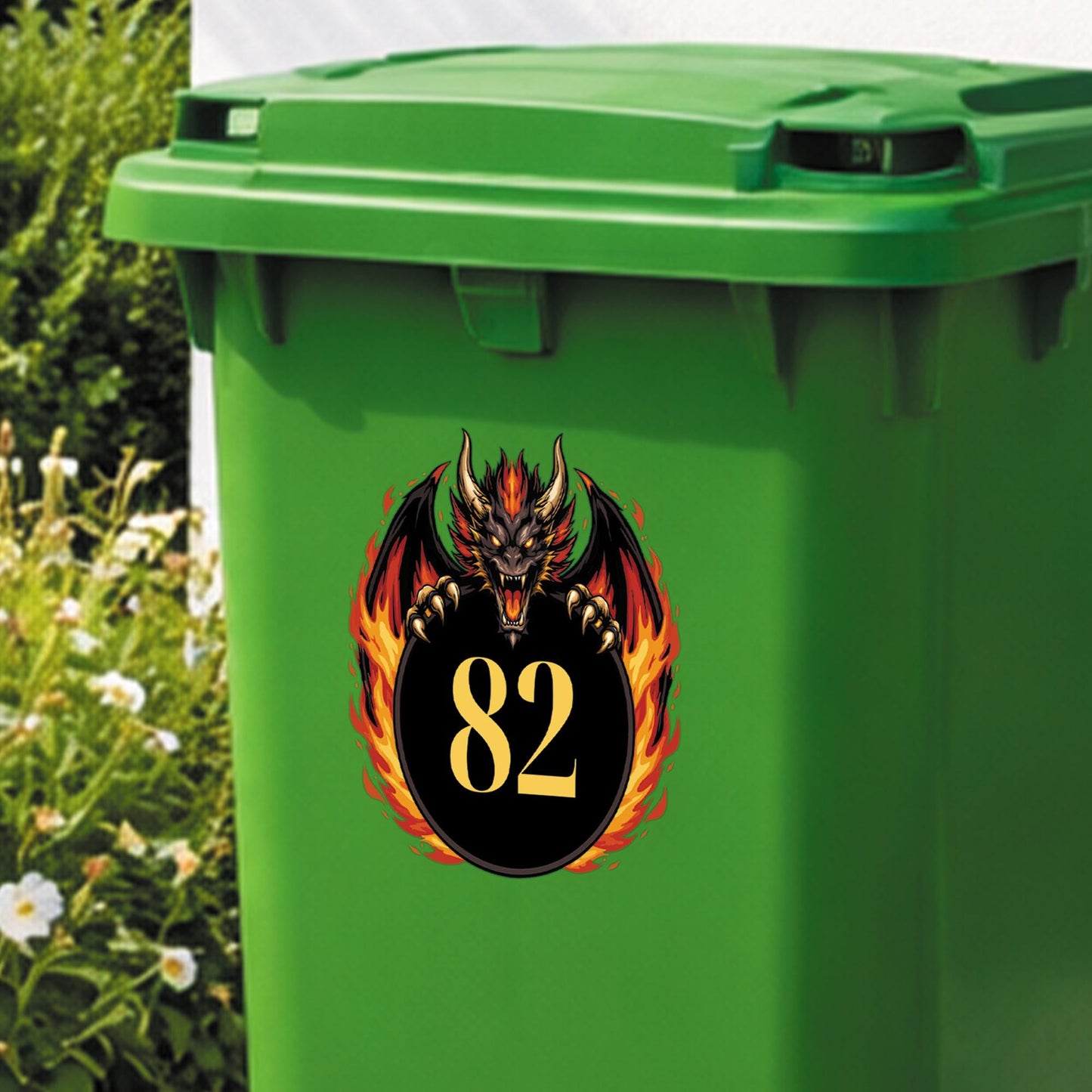 Personalised Dragon Wheelie Bin Sticker | Custom House Number Bin Decal | Fire Dragon Outdoor Vinyl Bin Label | Cool Bin Sticker