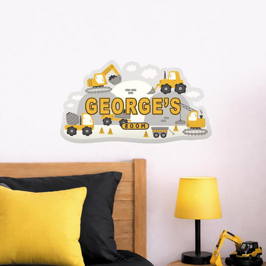 Personalised Construction Wall Sticker | Kids Builder Room Decal | Digger Truck Name Wall Art | Boys Bedroom Decor | Nursery Sign