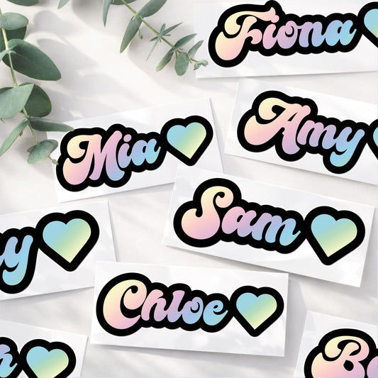 Personalised Name Sticker with Heart | Pastel Rainbow Vinyl Decal | Custom Name Label for Water Bottle Laptop Phone Case | Cute Kids Sticker