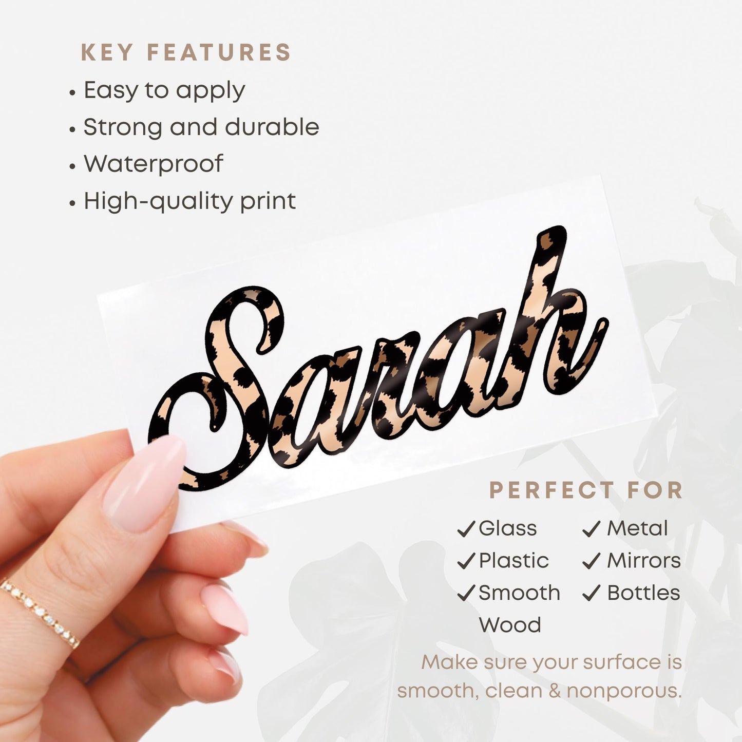 Personalised Leopard Print Name Sticker | Custom Vinyl Script Name Decal | Waterproof Label for Bottle or Glass