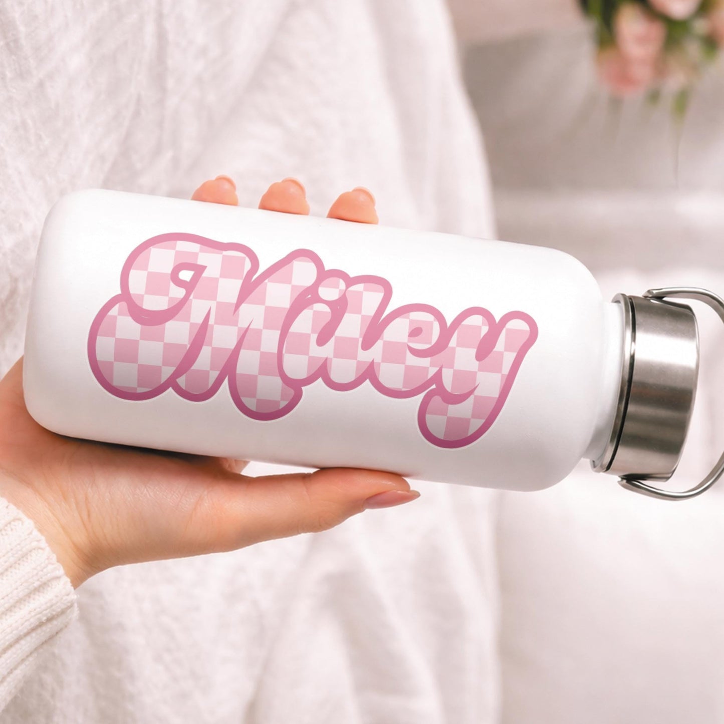 Personalised Pink Chequered Name Sticker | Custom Name Decal | Aesthetic Vinyl Sticker | Water Bottle Laptop Sticker | Alt  Girly Gift