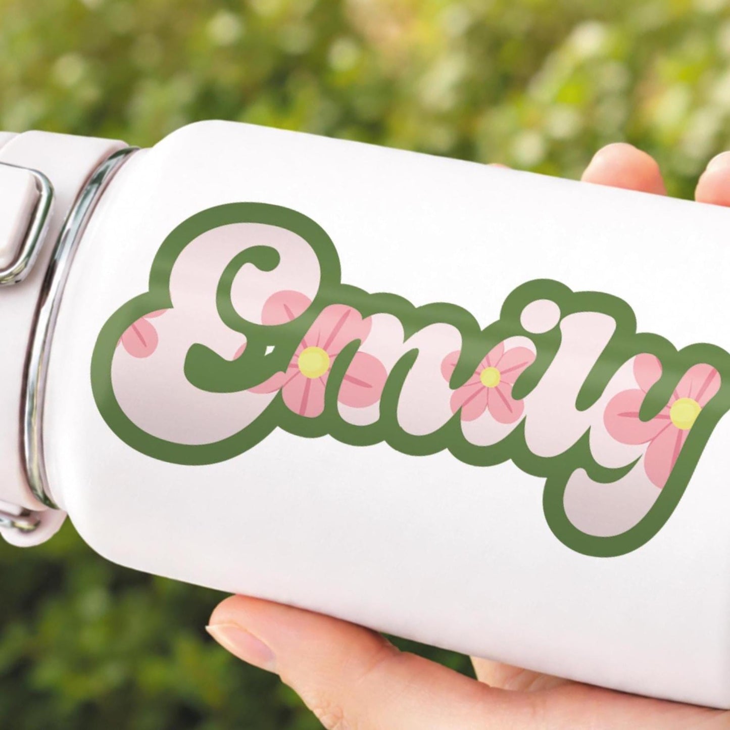 Personalised Name Sticker with Pink Flowers | Custom Floral Name Decal | Water Bottle, Laptop, Lunch Box Sticker | Cute Girls Name Vinyl