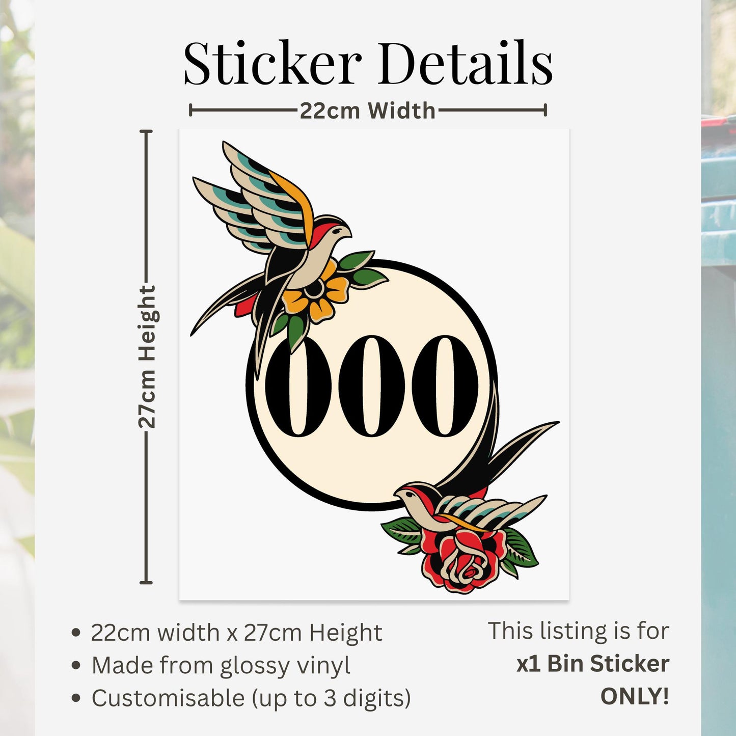 Traditional Tattoo Swallow Bin Sticker | Personalised House Number Wheelie Bin Decal | Old School Bird & Rose Waterproof Vinyl Sticker