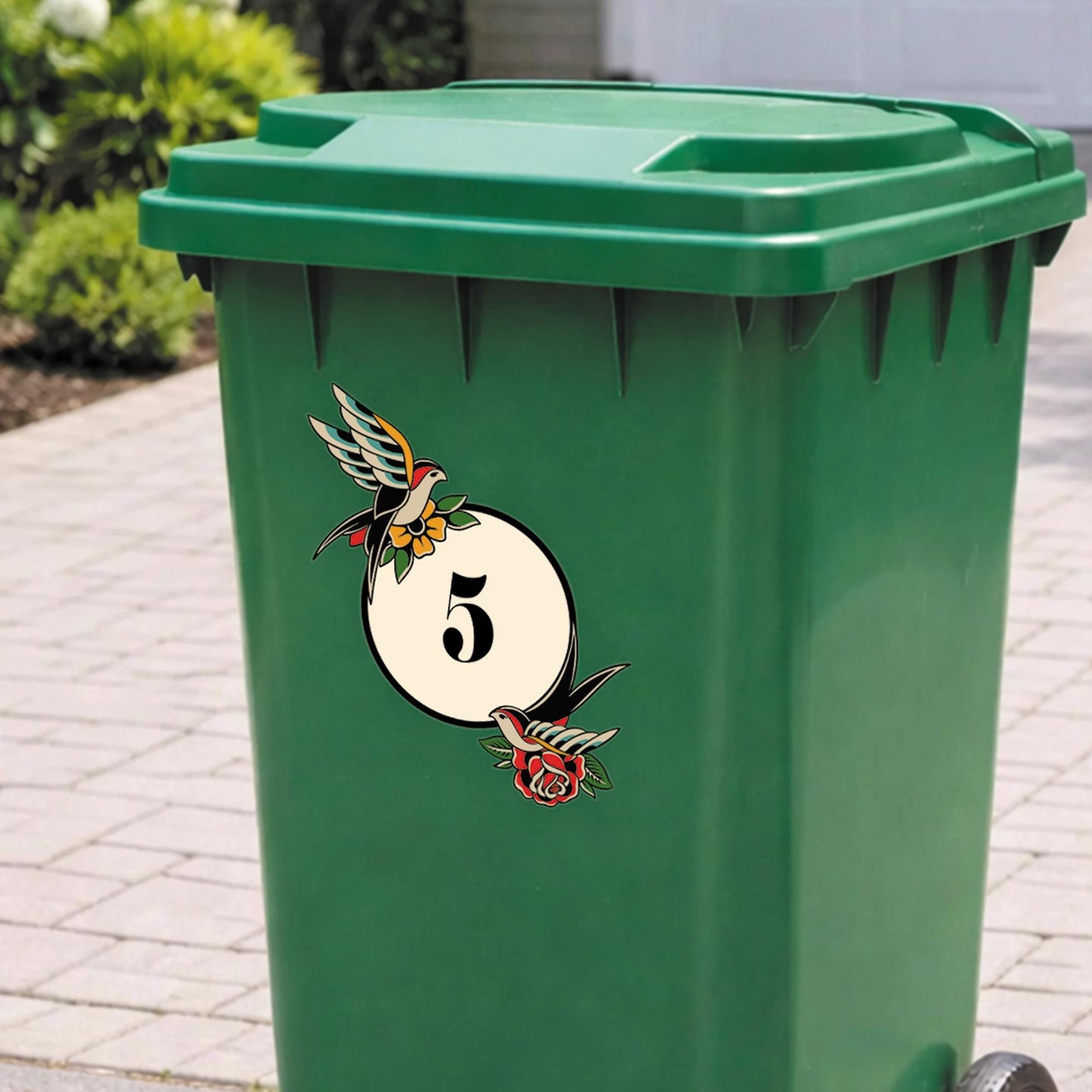 Traditional Tattoo Swallow Bin Sticker | Personalised House Number Wheelie Bin Decal | Old School Bird & Rose Waterproof Vinyl Sticker