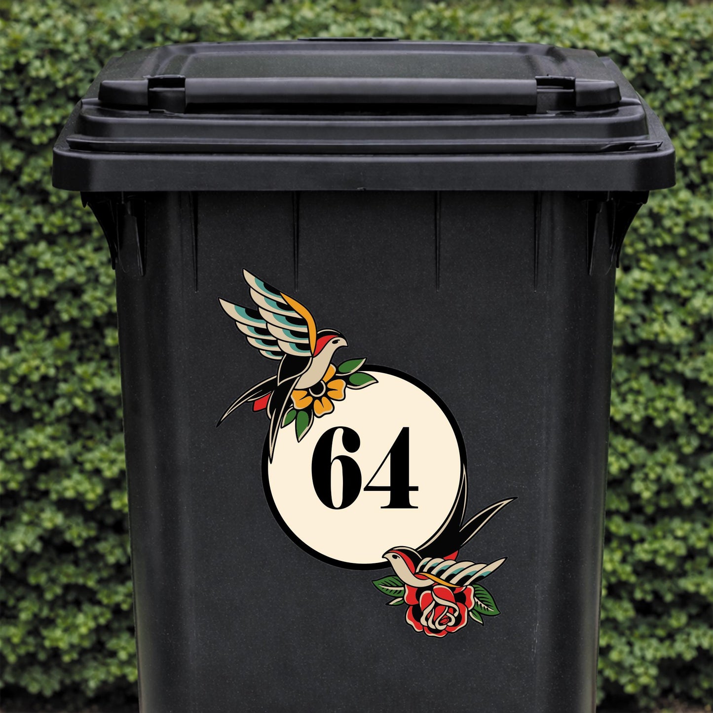 Traditional Tattoo Swallow Bin Sticker | Personalised House Number Wheelie Bin Decal | Old School Bird & Rose Waterproof Vinyl Sticker
