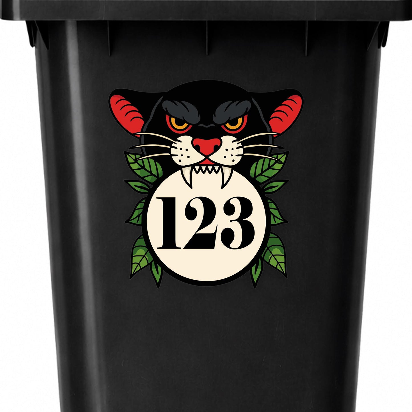 Traditional Tattoo Panther Bin Sticker | Personalised House Number Wheelie Bin Decal | Vintage Panther Head Outdoor Waterproof Bin Label