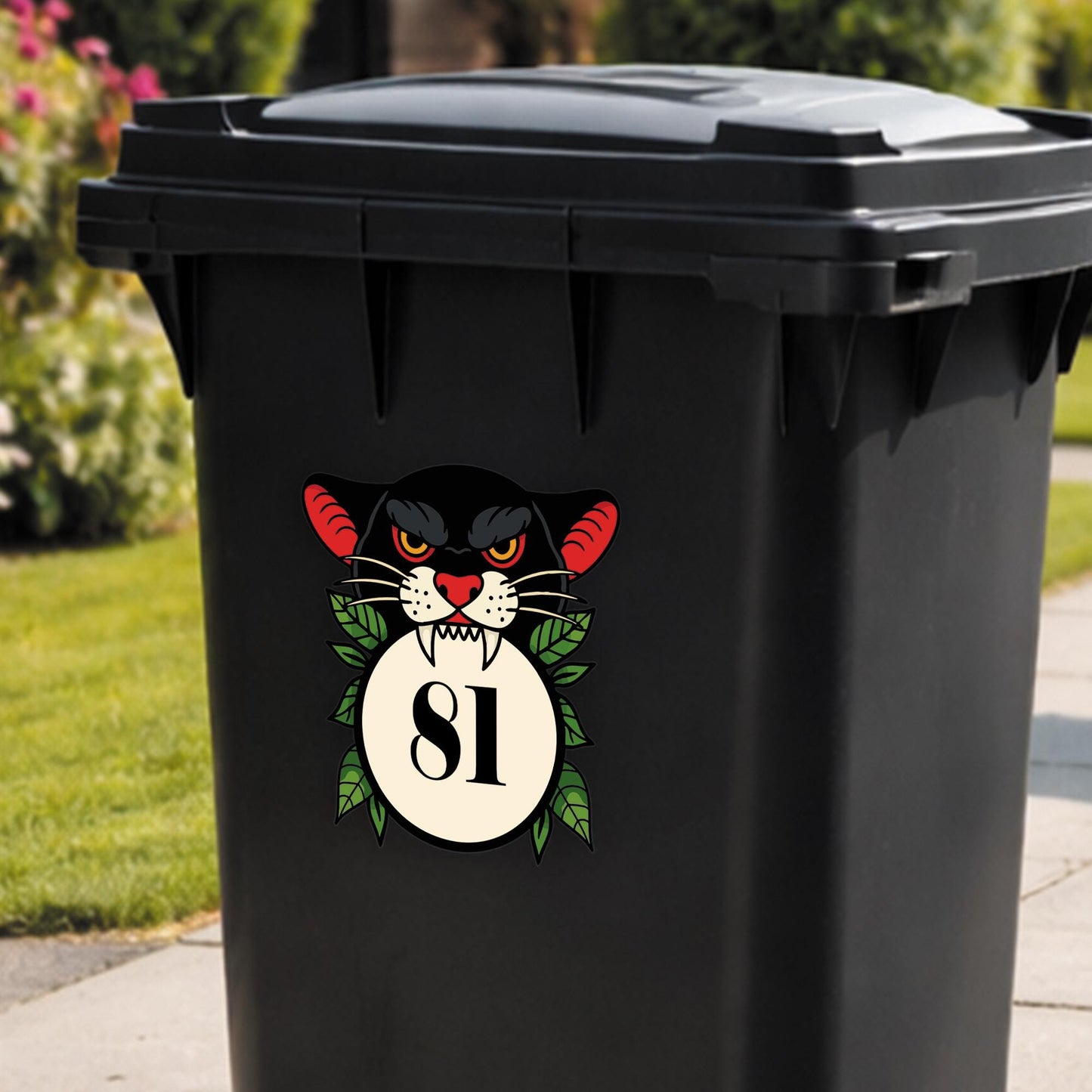 Traditional Tattoo Panther Bin Sticker | Personalised House Number Wheelie Bin Decal | Vintage Panther Head Outdoor Waterproof Bin Label