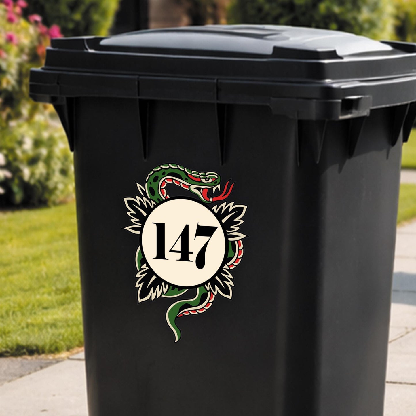 Traditional Tattoo Snake Bin Sticker | Personalised House Number Wheelie Bin Decal | Waterproof Tattoo Snake Bin Label | Alt Home Decor