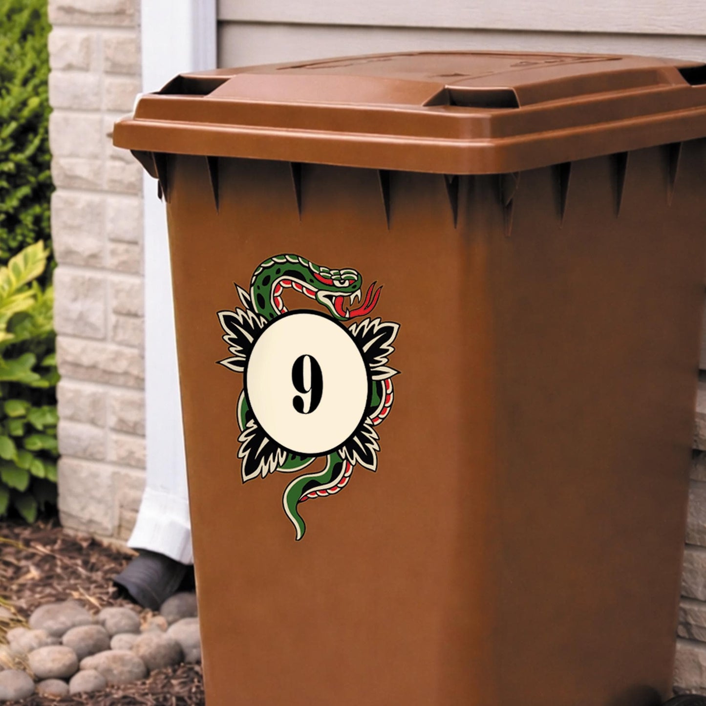 Traditional Tattoo Snake Bin Sticker | Personalised House Number Wheelie Bin Decal | Waterproof Tattoo Snake Bin Label | Alt Home Decor