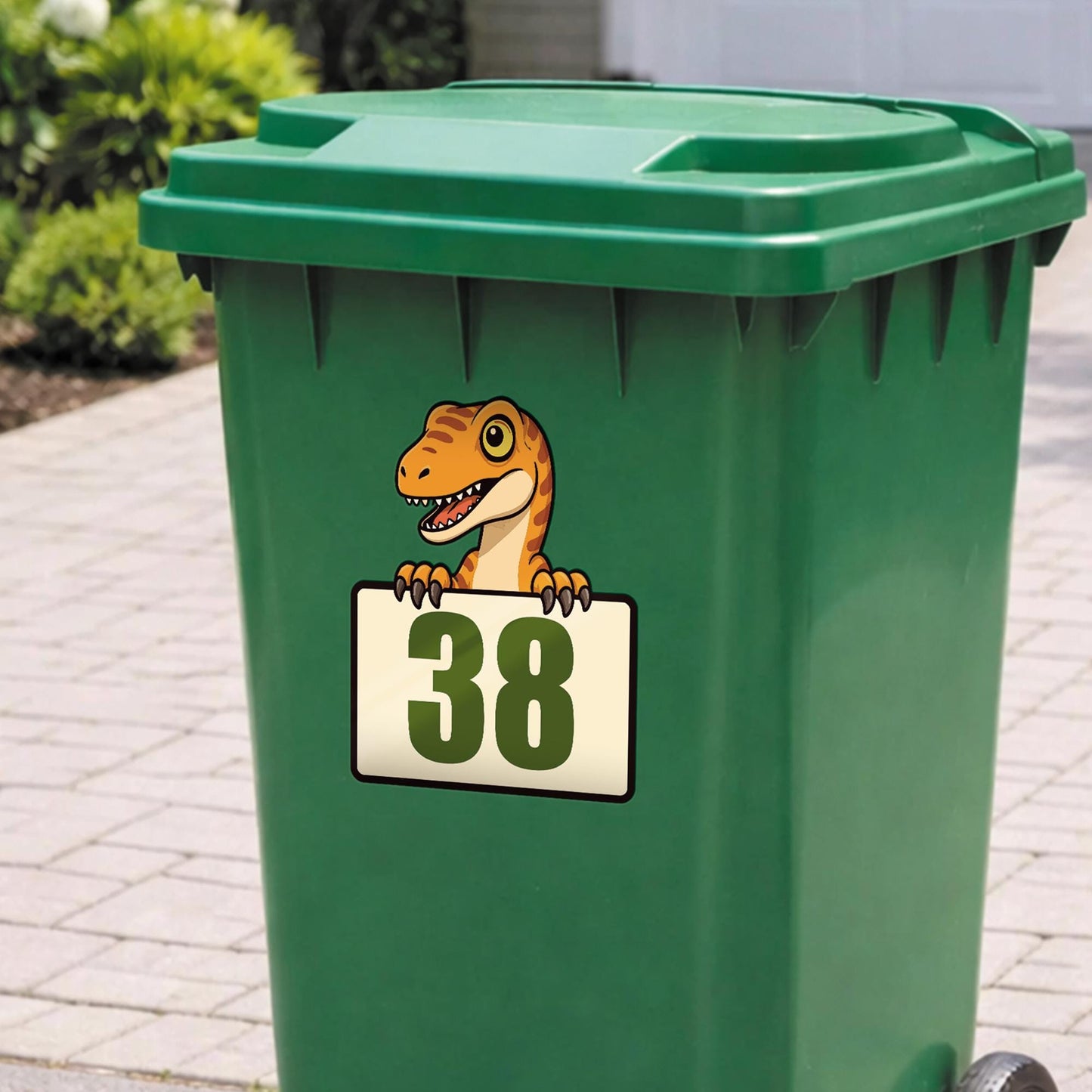 Personalised Dinosaur Wheelie Bin Sticker | Custom House Number Bin Decal | Waterproof Cartoon T-Rex Triceratops Velociraptor Bin Label