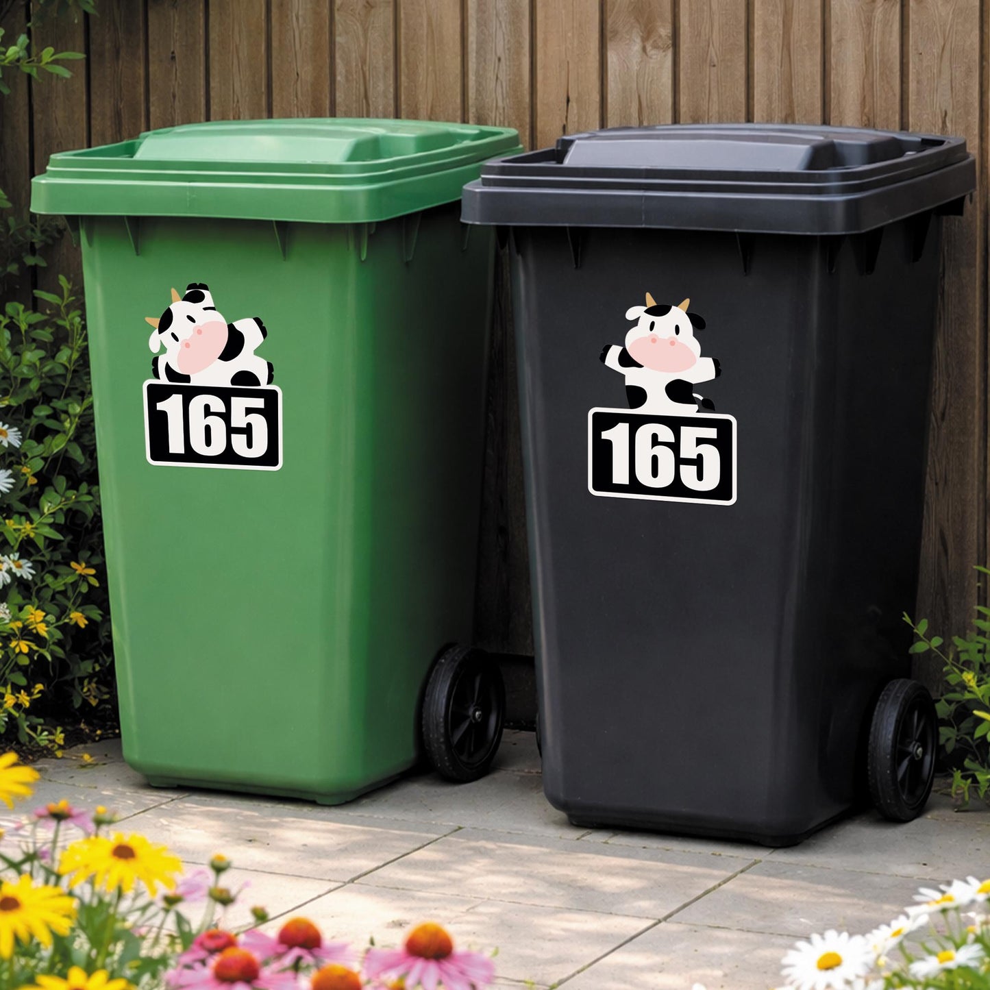 Personalised Wheelie Bin Sticker with Cute Cow | Custom House Number Bin Decal | Funny Farm Animal Bin Label | Outdoor Vinyl Bin Sticker