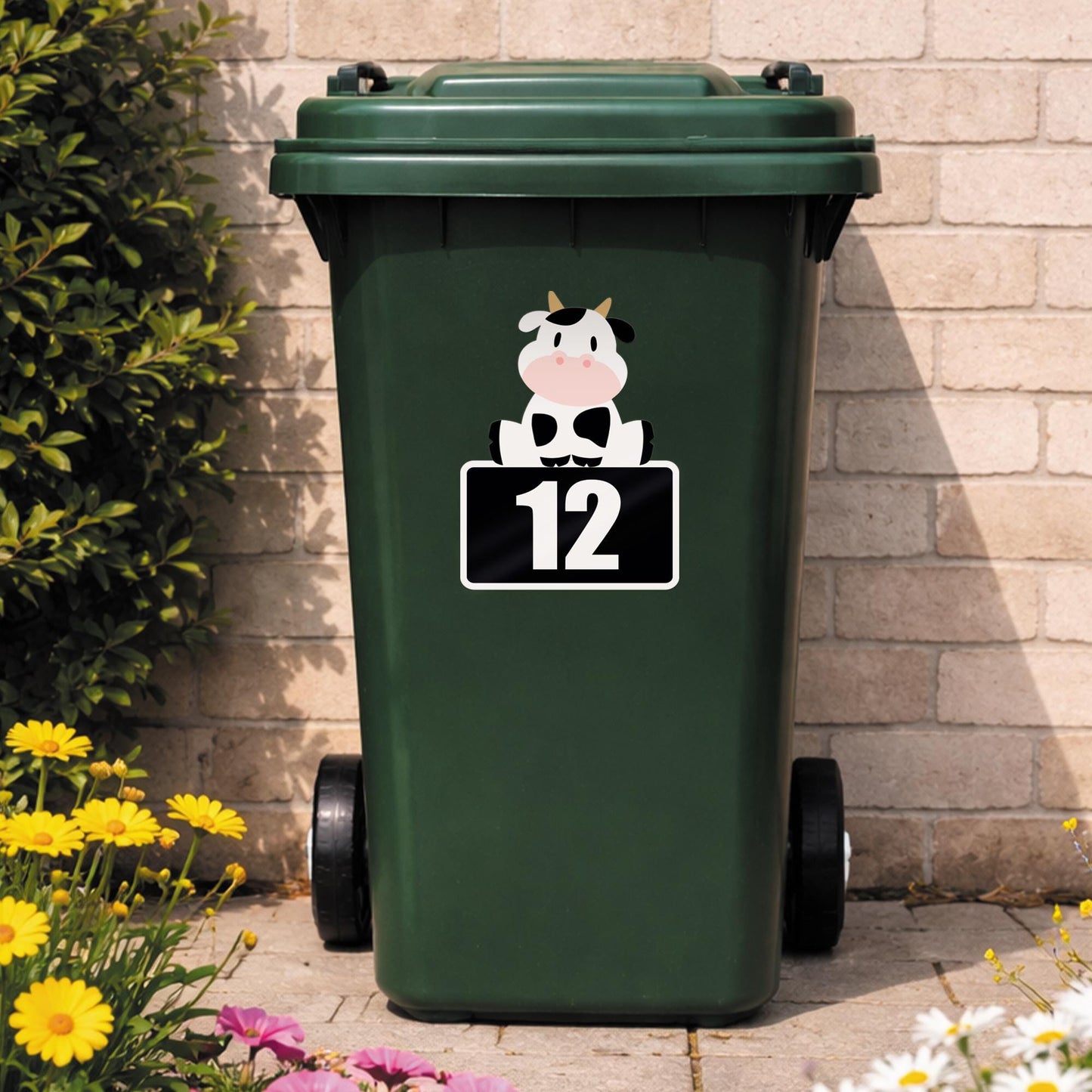 Personalised Wheelie Bin Sticker with Cute Cow | Custom House Number Bin Decal | Funny Farm Animal Bin Label | Outdoor Vinyl Bin Sticker