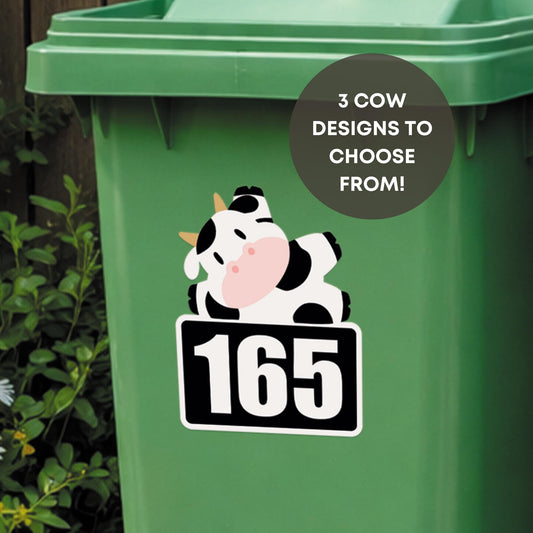 Personalised Wheelie Bin Sticker with Cute Cow | Custom House Number Bin Decal | Funny Farm Animal Bin Label | Outdoor Vinyl Bin Sticker