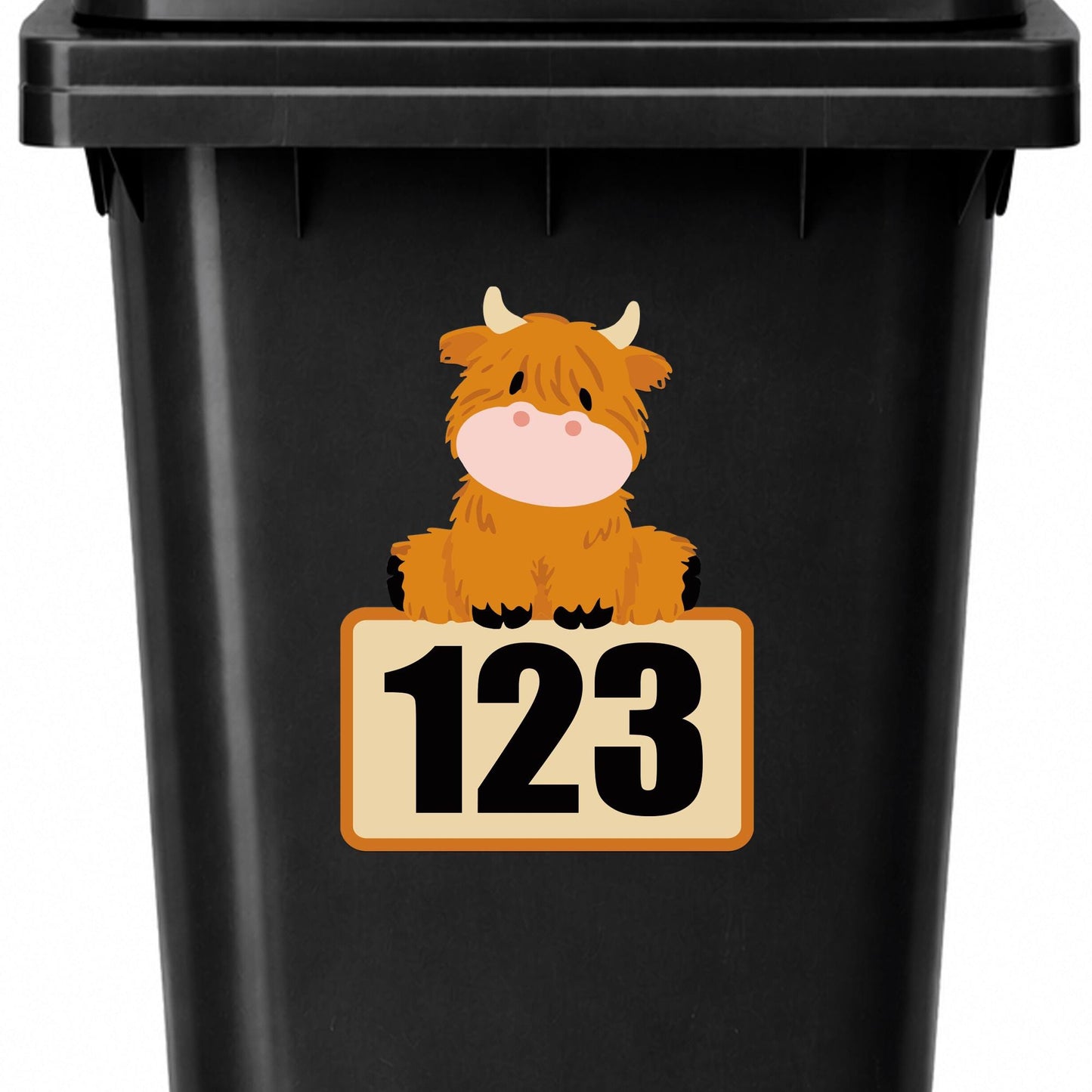 Highland Cow Wheelie Bin Sticker | Personalised House Number Bin Decal | Cute Cow Address Sticker | Outdoor Vinyl Bin Number Sticker