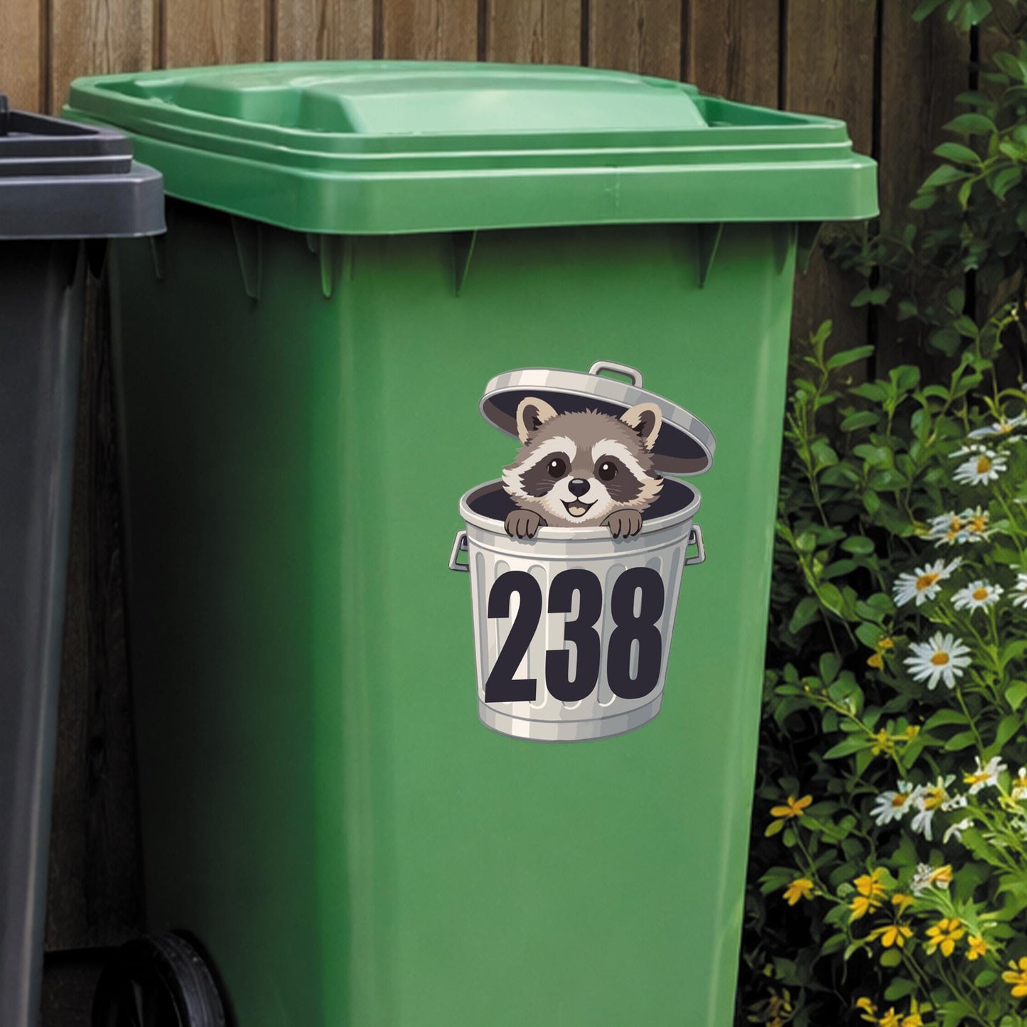 Personalised Raccoon Bin Sticker | Cute Wheelie Bin Number Decal | Funny Custom House Number Vinyl | Outdoor Waterproof Bin Label