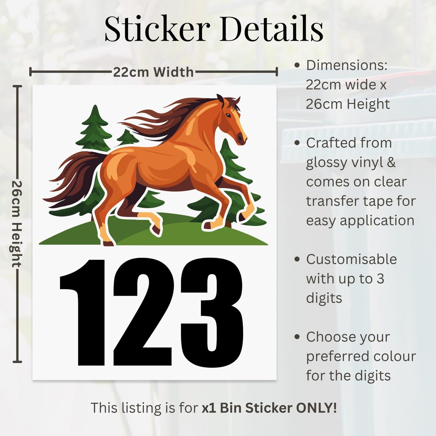 Horse Wheelie Bin Sticker | Personalised House Number Sticker | Custom Bin Number Decal | Outdoor Vinyl Bin Label | Horse Lover