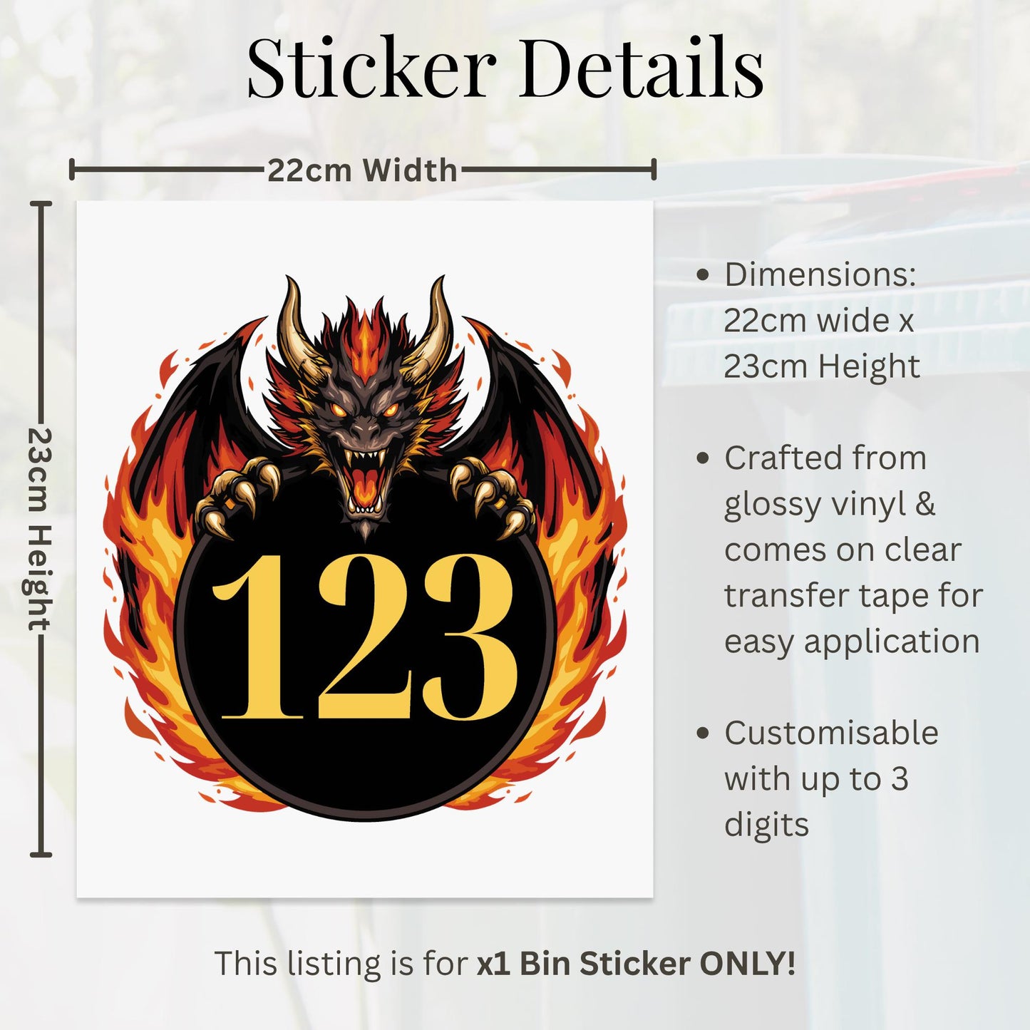Personalised Dragon Wheelie Bin Sticker | Custom House Number Bin Decal | Fire Dragon Outdoor Vinyl Bin Label | Cool Bin Sticker