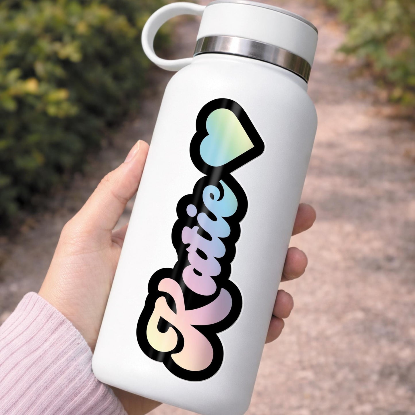 Personalised Name Sticker with Heart | Pastel Rainbow Vinyl Decal | Custom Name Label for Water Bottle Laptop Phone Case | Cute Kids Sticker