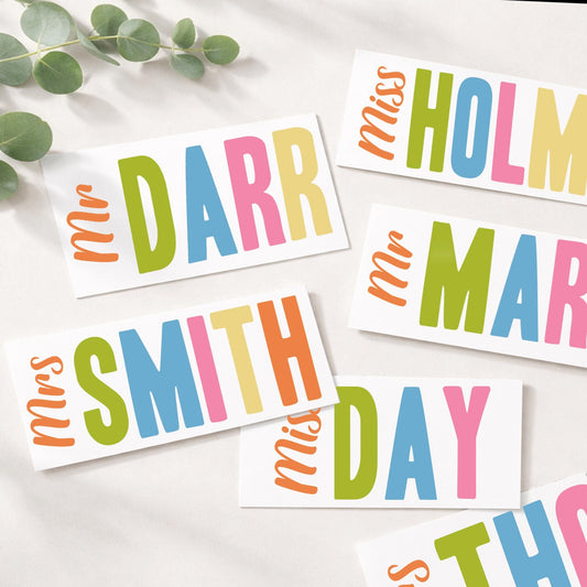 Personalised Name Sticker | Multi Colour Teacher Name Decal | Custom Vinyl Label for Water Bottle Tumbler School Supplies | Teacher Gift