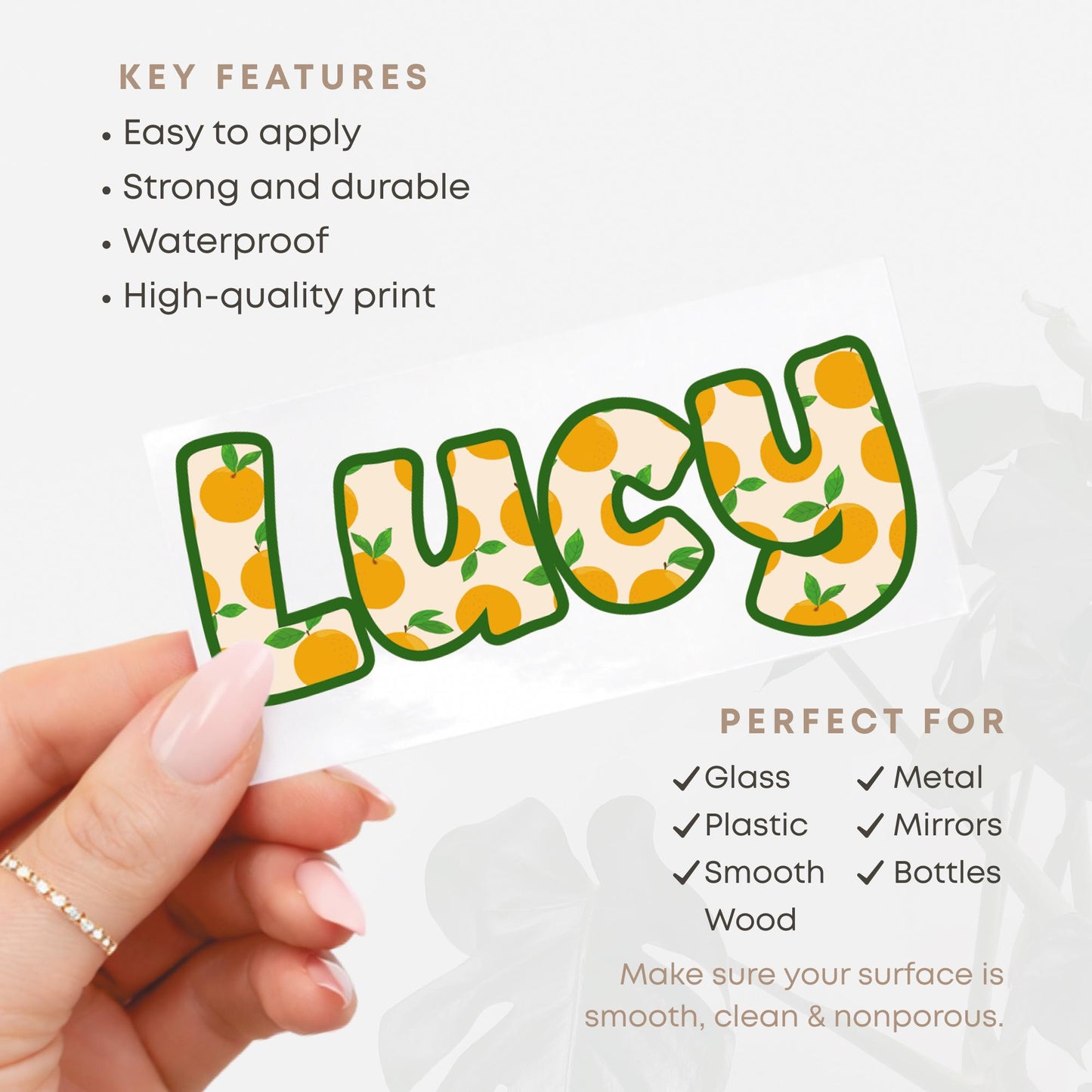 Personalised Name Sticker | Custom Waterproof Orange Vinyl Decal | Summer-Themed Citrus Pattern Name Label for Bottle - Lunchbox - or Glass