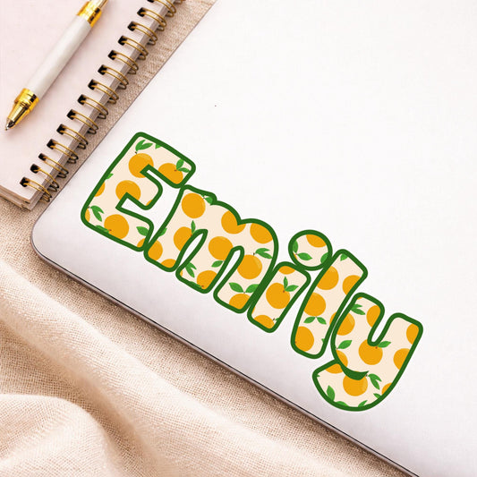Personalised Name Sticker | Custom Waterproof Orange Vinyl Decal | Summer-Themed Citrus Pattern Name Label for Bottle - Lunchbox - or Glass