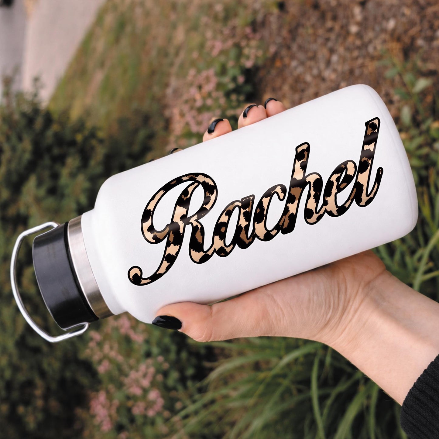 Personalised Leopard Print Name Sticker | Custom Vinyl Script Name Decal | Waterproof Label for Bottle or Glass