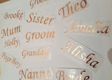 Personalised Rose Gold Wedding Name / Role Stickers
