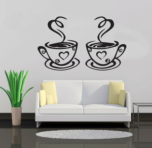 2x Coffee Cups With Hearts - Wall Stickers, 4 Size Options