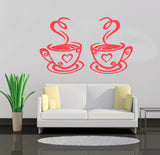 2x Coffee Cups With Hearts - Wall Stickers, 4 Size Options