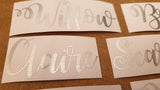 Personalised Curly Name Stickers Brushed Silver Vinyl - Very unique and Elegant, Wine Glass Box Water Bottle Wedding