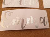 Personalised Curly Name Stickers Brushed Silver Vinyl - Very unique and Elegant, Wine Glass Box Water Bottle Wedding
