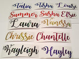 Curly Personalised Vinyl Name Stickers 3cm Height in Beautiful Glitter Colours. Perfect for Bottles, Glasses, Weddings and Other Events, Label Decal